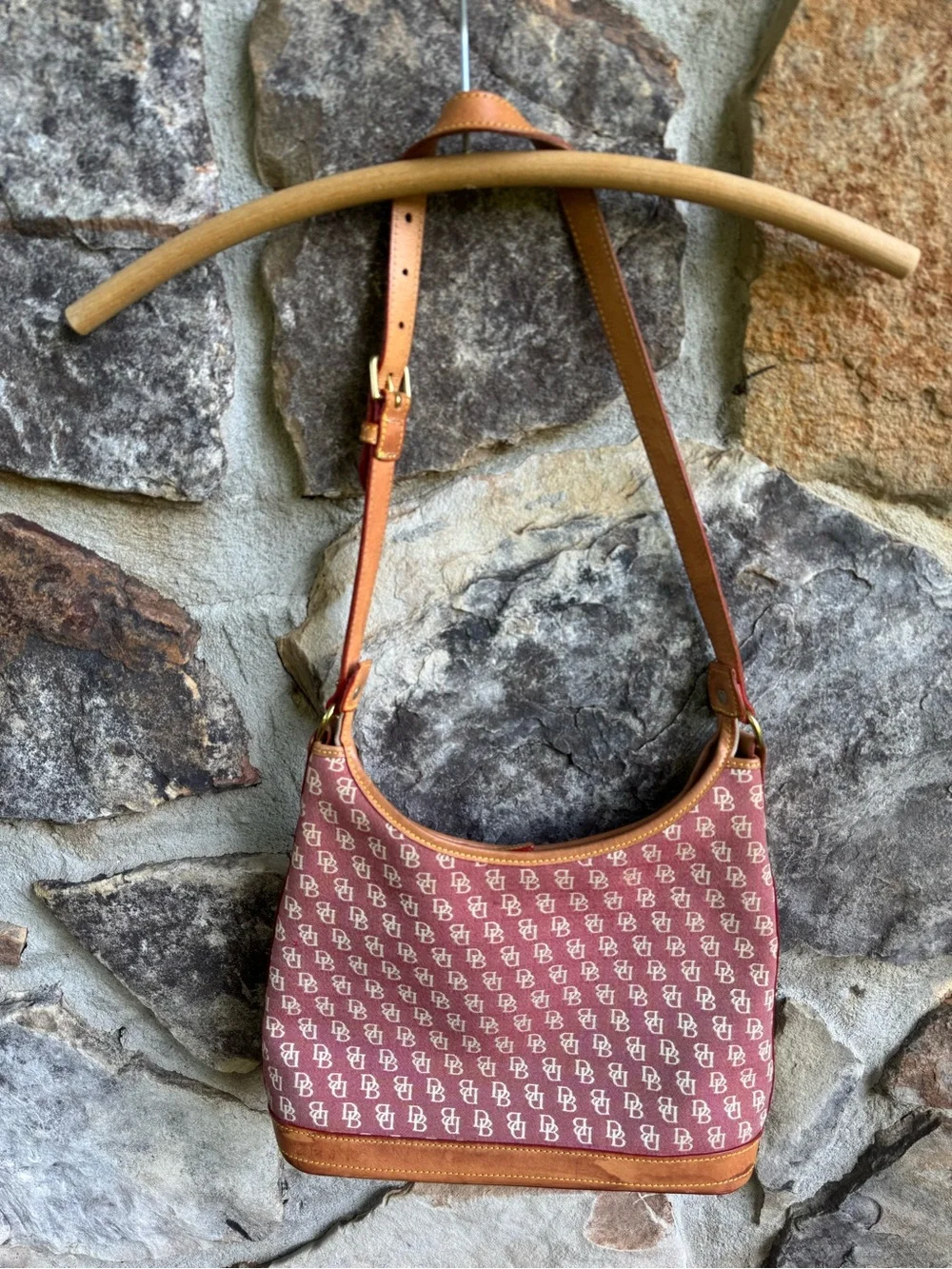 Dooney & Bourke Burgundy Logo Shoulder Hobo Bag with Tan Leather Trim Y2K